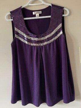 Tradition VTG Sequin Border Slvless Pleated Front Top Purple Sz L